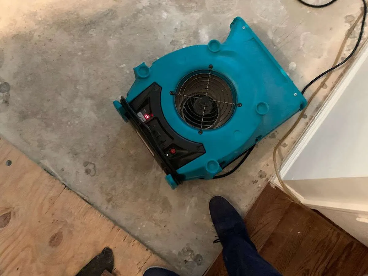 Air mover drying subfloor during Leak Detection & Repair in McCalla